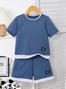 SHEIN 2pcs/Set Young Boy Casual Solid Color Jacquard Fabric Short Sleeve Patchwork Contrast Color T-Shirt And Shorts Set, Suitable For Daily Casual Outdoor - Dusty Blue - View 2