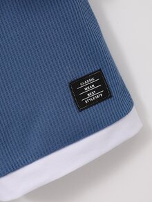 SHEIN 2pcs/Set Young Boy Casual Solid Color Jacquard Fabric Short Sleeve Patchwork Contrast Color T-Shirt And Shorts Set, Suitable For Daily Casual Outdoor - Dusty Blue - View 8