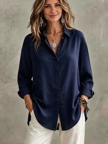 Omancia Autumn Casual Versatile Solid Color Shirt - Navy Blue - View 1