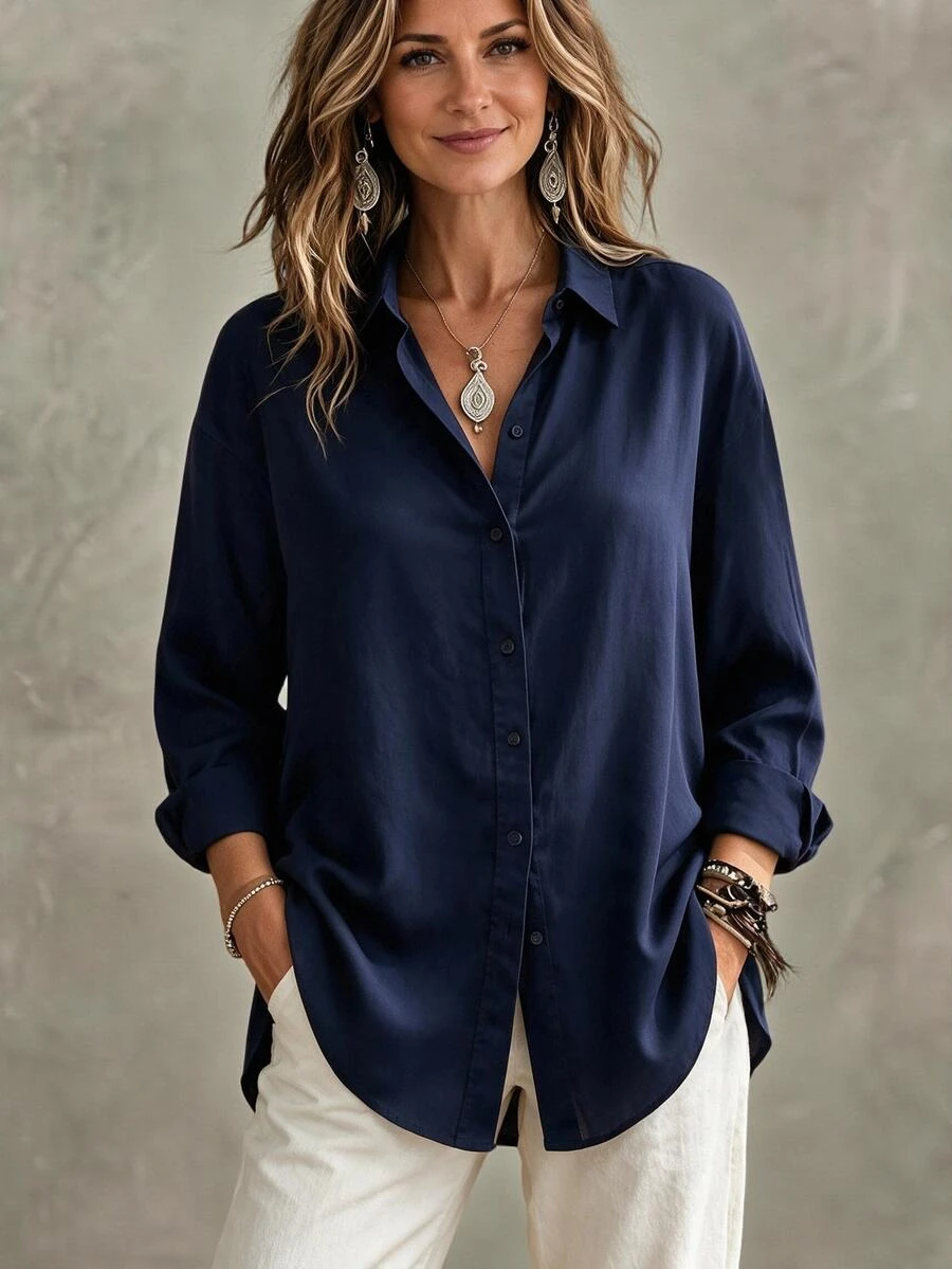 Omancia Autumn Casual Versatile Solid Color Shirt - Navy Blue - View 1