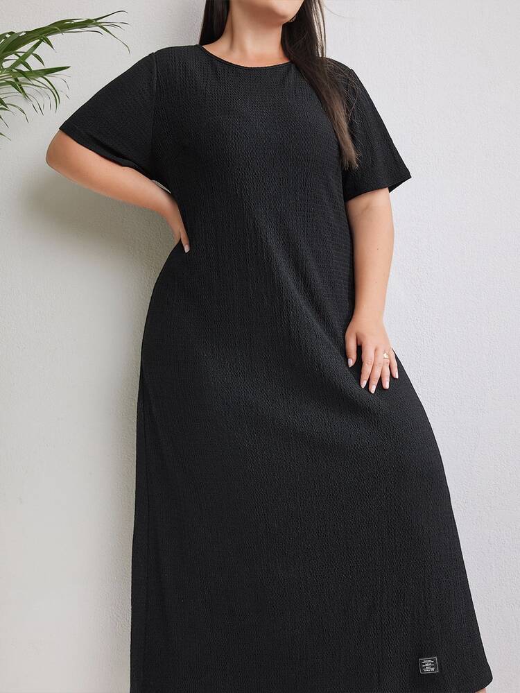 Seusyu Solid Color Texture Plus Size Dress - Black - View 10