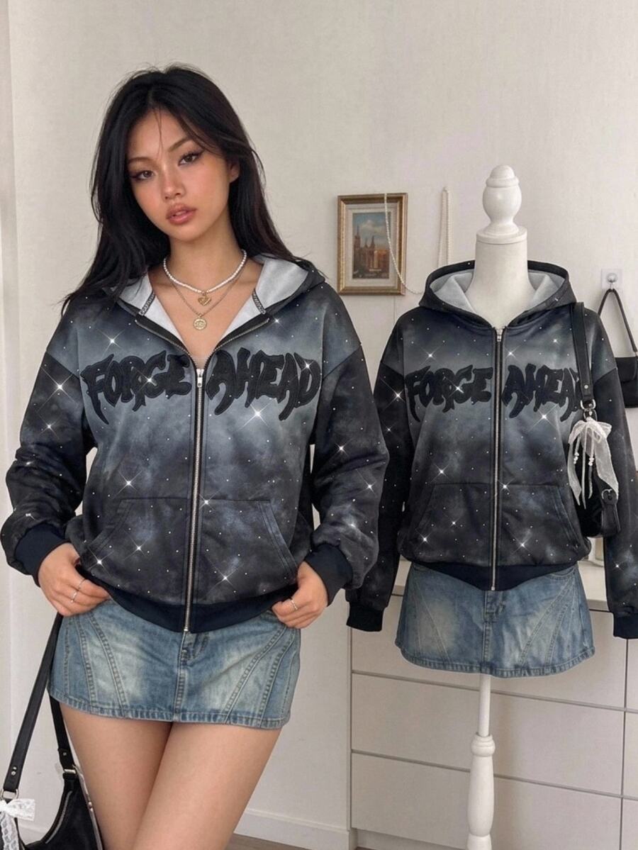 Tween Girls Fall And Kids Winter Hooded Sweatshirt, Grey Blue Star Zip Up Patchwork Streetwear Sweatshirt Jacket, Super Cool Cute Back To School Top - Black - View 1
