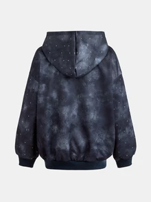 Tween Girls Fall And Kids Winter Hooded Sweatshirt, Grey Blue Star Zip Up Patchwork Streetwear Sweatshirt Jacket, Super Cool Cute Back To School Top - Black - View 2
