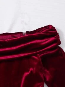 Girls Elegant Red Korean Velvet Off-Shoulder Fitted Bud Dress Suitable For Evening Party Wear - Burgundy - View 5