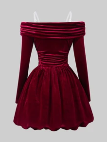 Girls Elegant Red Korean Velvet Off-Shoulder Fitted Bud Dress Suitable For Evening Party Wear - Burgundy - View 7