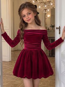 Girls Elegant Red Korean Velvet Off-Shoulder Fitted Bud Dress Suitable For Evening Party Wear - Burgundy - View 2