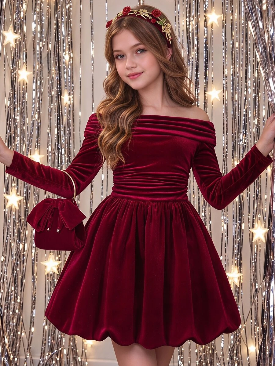 Girls Elegant Red Korean Velvet Off-Shoulder Fitted Bud Dress Suitable For Evening Party Wear - Burgundy - View 1