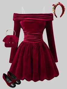 Girls Elegant Red Korean Velvet Off-Shoulder Fitted Bud Dress Suitable For Evening Party Wear - Burgundy - View 8