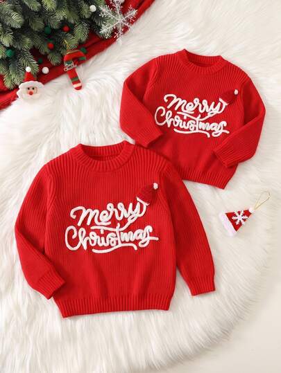 SHEIN Kleine Jungen dicker süßer roter Weihnachtsmütze Rundhals Schulter Pullover Herbst Pullover