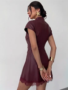 Firerie Women's Solid Color PU Leather Fitted Fashion Mini Dress,Outfit For Women,Christmas Party Dress - Burgundy - View 10