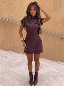 Firerie Women's Solid Color PU Leather Fitted Fashion Mini Dress,Outfit For Women,Christmas Party Dress - Burgundy - View 4