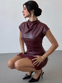 Firerie Women's Solid Color PU Leather Fitted Fashion Mini Dress,Outfit For Women,Christmas Party Dress - Burgundy - View 9