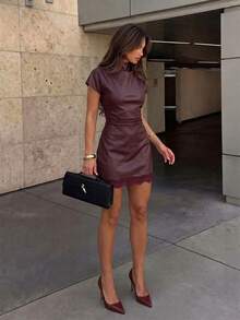 Firerie Women's Solid Color PU Leather Fitted Fashion Mini Dress,Outfit For Women,Christmas Party Dress - Burgundy - View 6