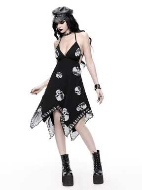 Grunge Punk Halter Neck Punk Skull Print Black & White Chiffon Mini Dress For Women
