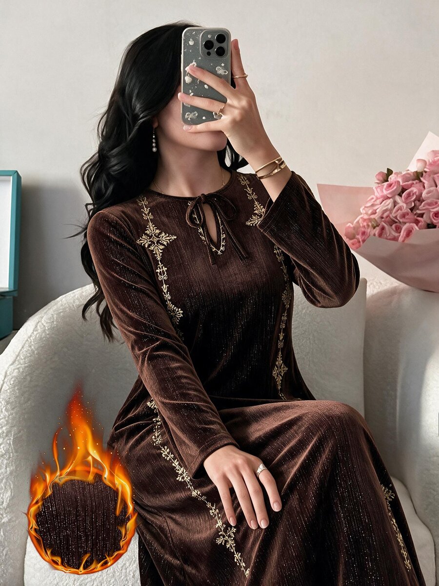 Al Najma Women's Hollow Out Casual Daily Party Travel Arabian Dress - Coffee Brown - View 1
