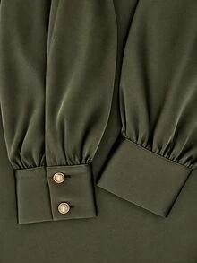 SHEIN بلوزة نسائية أنيقة بأكمام طويلة من الحرير المطوي بلون موحد وياقة قائمة - اخضر زيتون - مشاهدة 5