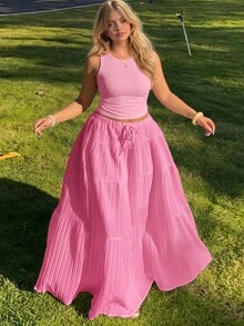 GalTyme طقم قطعتين تنورة ماكسي وردية بدون أكمام مقاس كبير للحفلات والمناسبات الرسمية والعطلات الصيفية بتصميم كاجوال بوهيمي متناسق - وردي - مشاهدة 1