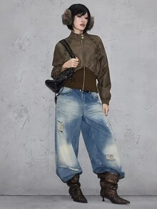 ROMWE Grunge Punk Vintage Brown Loose Fit Stand Collar Grommet Cinched Waist Women's Leather Jacket - Brown - View 5
