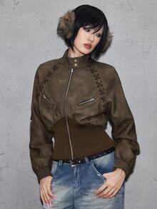 ROMWE Grunge Punk Vintage Brown Loose Fit Stand Collar Grommet Cinched Waist Women's Leather Jacket - Brown - View 6