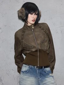 ROMWE Grunge Punk Vintage Brown Loose Fit Stand Collar Grommet Cinched Waist Women's Leather Jacket - Brown - View 3
