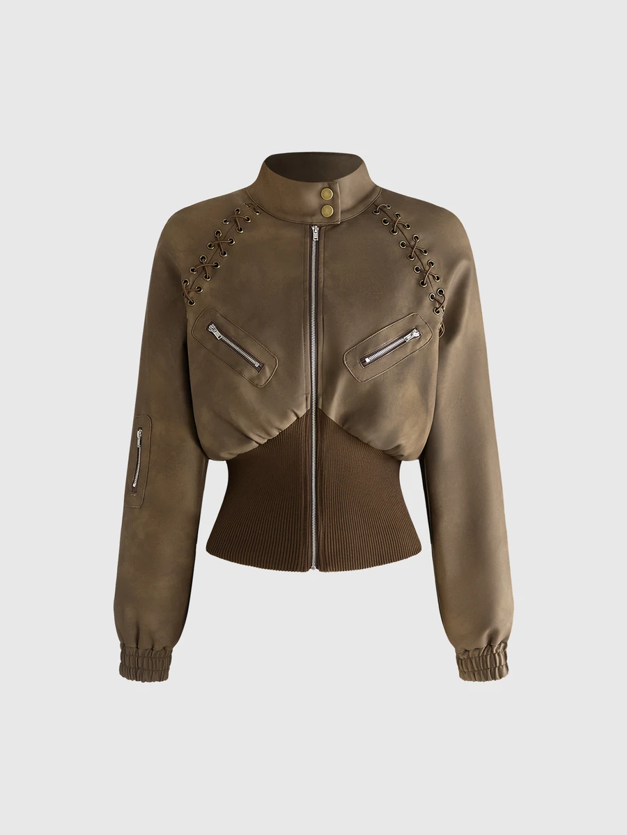 ROMWE Grunge Punk Vintage Brown Loose Fit Stand Collar Grommet Cinched Waist Women's Leather Jacket - Brown - View 1