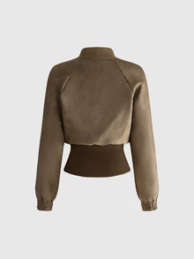 ROMWE Grunge Punk Vintage Brown Loose Fit Stand Collar Grommet Cinched Waist Women's Leather Jacket - Brown - View 9