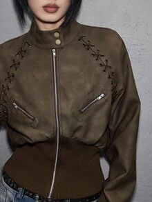 ROMWE Grunge Punk Vintage Brown Loose Fit Stand Collar Grommet Cinched Waist Women's Leather Jacket - Brown - View 2