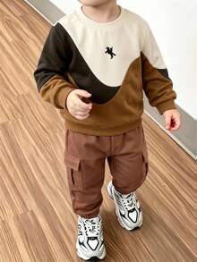 2pcs/Set Young Boy Fashion Hoodie Long Pants Sports Set, Colorblock Pattern With Stylish Horse Riding Design, Suitable For Birthday, Fall - Multicolor - View 2
