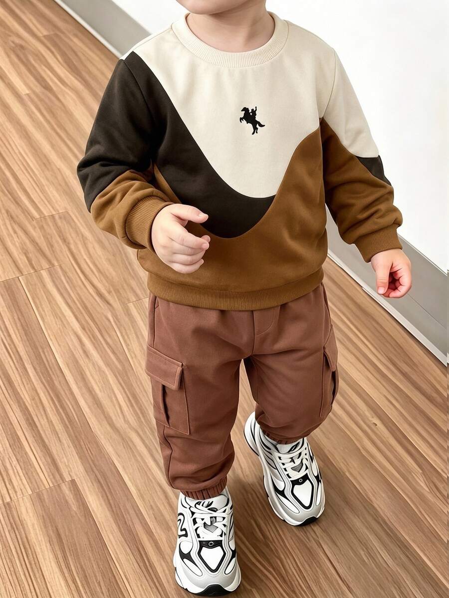 2pcs/Set Young Boy Fashion Hoodie Long Pants Sports Set, Colorblock Pattern With Stylish Horse Riding Design, Suitable For Birthday, Fall