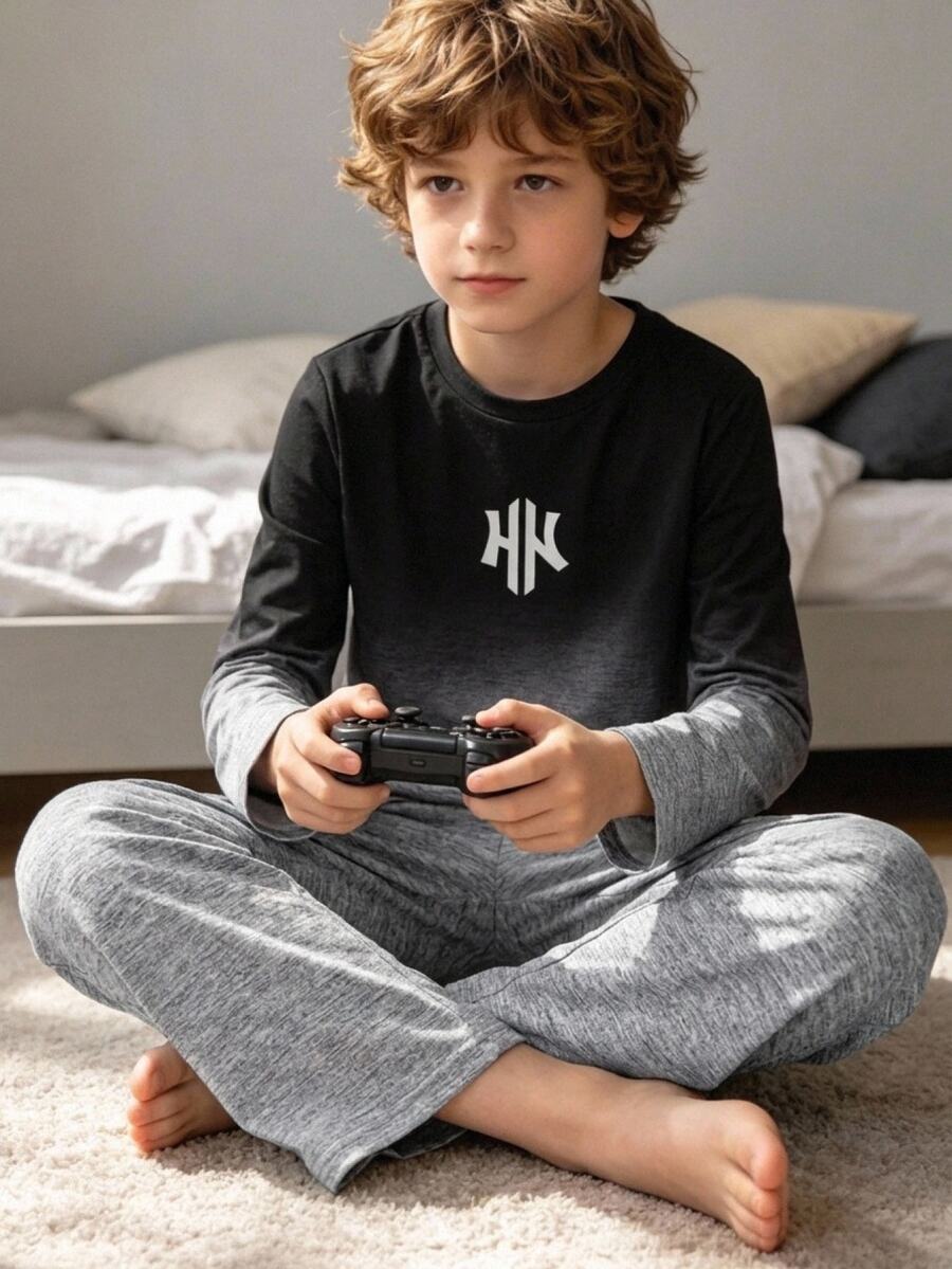 SHEIN Tween Boy Matching Casual Letter & Gradient Print Long Sleeve Top And Pants 2 Pieces Loungewear Set, Family Matching Outfit For Siblings - Multicolor - View 1