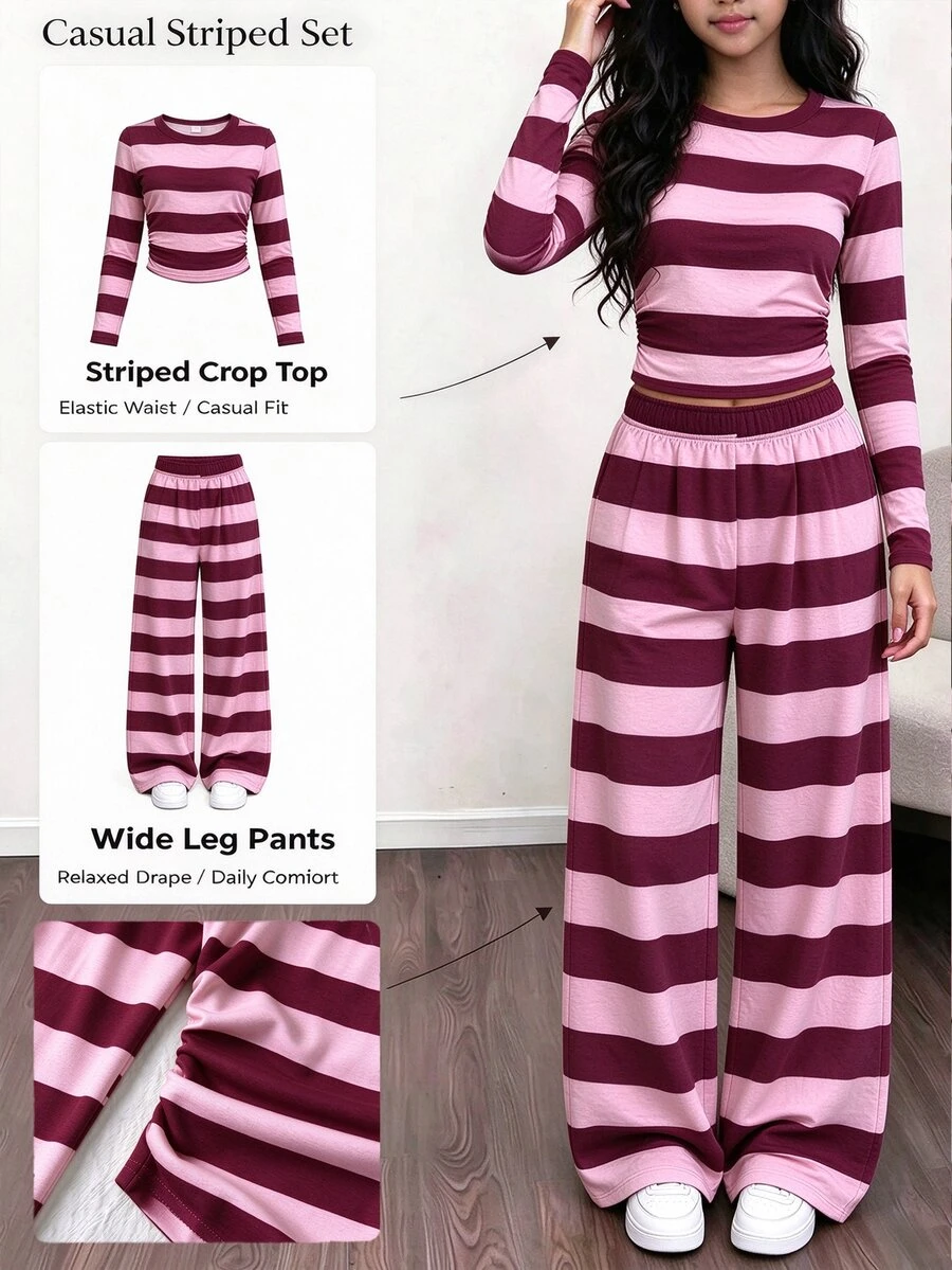 Tween Girls Autumn Casual Fashion Pink Burgundy Wide Horizontal Striped Ruched Waist Long Sleeve T-Shirt & Wide Leg Pants Set - Multicolor - View 1