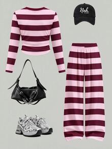 Tween Girls Autumn Casual Fashion Pink Burgundy Wide Horizontal Striped Ruched Waist Long Sleeve T-Shirt & Wide Leg Pants Set - Multicolor - View 2