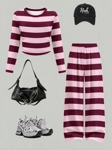 Tween Girls Autumn Casual Fashion Pink Burgundy Wide Horizontal Striped Ruched Waist Long Sleeve T-Shirt & Wide Leg Pants Set - Multicolor - View 5