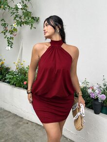 GalTyme Plus Size Women Spring Summer Solid Color Pleated Halter Neck Dress Dating Birthday Night Outing Red Elegant Sexy New Year Party Cocktail Going Out - Red - View 7