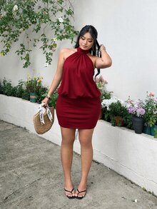 GalTyme Plus Size Women Spring Summer Solid Color Pleated Halter Neck Dress Dating Birthday Night Outing Red Elegant Sexy New Year Party Cocktail Going Out - Red - View 6