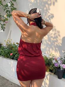 GalTyme Plus Size Women Spring Summer Solid Color Pleated Halter Neck Dress Dating Birthday Night Outing Red Elegant Sexy New Year Party Cocktail Going Out - Red - View 2
