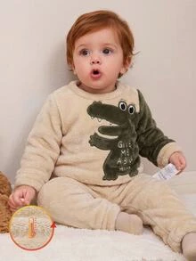 SHEIN Floral Dinosaur Pattern Crew Kids Neck Shoulder Long Sleeve Autumn Top And Long Pants Soft Comfortable Double-Sided Coral Fleece Pajama Set 2 Pieces - Multicolor - View 1