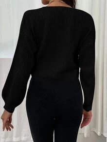 EMERY ROSE Suéter holgado de mujer con cuello en V profundo, cordón ajustable y hombros caídos, de estilo casual y versátil, para otoño/invierno - Negro - Ver 2