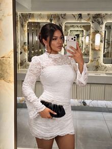 Firerie Plus Size Women's Elegant Lace Dress With Stand Collar, Long Sleeves And Pleats - White - View 7