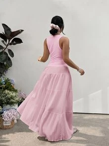GalTyme Fuchsia Pink Sleeveless Maxi Skirt Plus Size 2 Pieces Set Vacation Cruise Summer Bohemian Casual Soft Form Boho Formal Brunch - Baby Pink - View 2