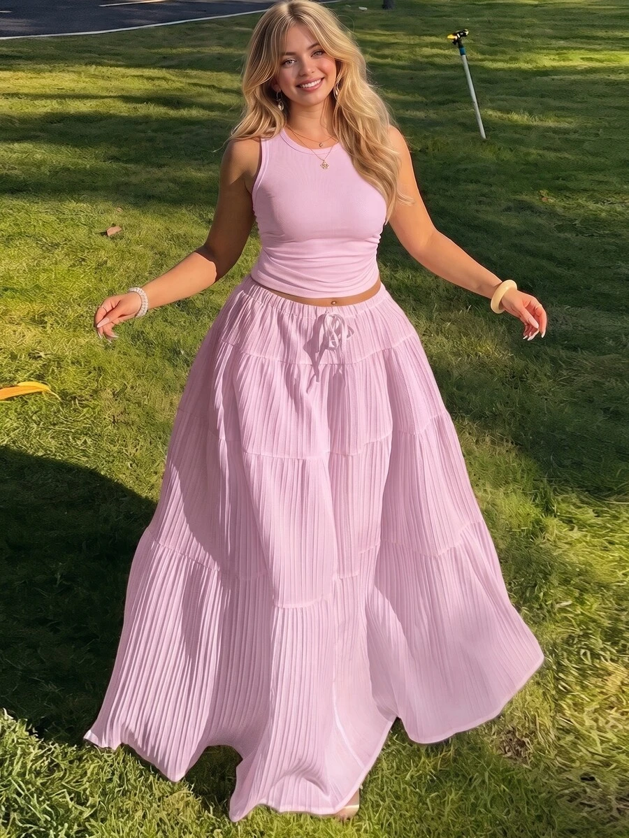 GalTyme Fuchsia Pink Sleeveless Maxi Skirt Plus Size 2 Pieces Set Vacation Cruise Summer Bohemian Casual Soft Form Boho Formal Brunch - Baby Pink - View 1
