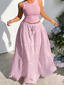 GalTyme Fuchsia Pink Sleeveless Maxi Skirt Plus Size 2 Pieces Set Vacation Cruise Summer Bohemian Casual Soft Form Boho Formal Brunch - Baby Pink - View 6