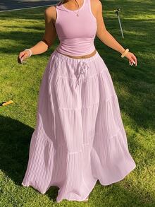 GalTyme Fuchsia Pink Sleeveless Maxi Skirt Plus Size 2 Pieces Set Vacation Cruise Summer Bohemian Casual Soft Form Boho Formal Brunch - Baby Pink - View 7