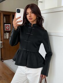 Aloruh Women Coats,Autumn,Winter Halloween Costume Coat Car Coat Fall Fits Fall Jackets Sweatshirt Jacket With Frog-Button Closures And Contrasting Trim - Black - View 4