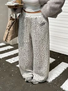 Muchica Plus-Size Loose-Fitting Streetwear Baggy Casual-Style Sweatpants Retro Leopard Print Drawstring Waistband Pockets White Fall Airport Travel - Multicolor - View 5