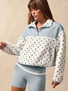 VARSIVA Color-Blocked Polka Dot Single-Breasted Pullover Jacket Features Dual Side Pockets Fall Outfits, Warm, Sporty, Casual  Fleece Jacket Going Out Top - Baby Blue - View 4