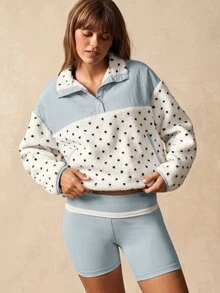 VARSIVA Color-Blocked Polka Dot Single-Breasted Pullover Jacket Features Dual Side Pockets Fall Outfits, Warm, Sporty, Casual  Fleece Jacket Going Out Top - Baby Blue - View 3
