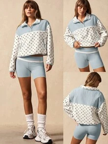 VARSIVA Color-Blocked Polka Dot Single-Breasted Pullover Jacket Features Dual Side Pockets Fall Outfits, Warm, Sporty, Casual  Fleece Jacket Going Out Top - Baby Blue - View 2