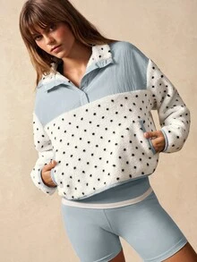 VARSIVA Color-Blocked Polka Dot Single-Breasted Pullover Jacket Features Dual Side Pockets Fall Outfits, Warm, Sporty, Casual  Fleece Jacket Going Out Top - Baby Blue - View 7