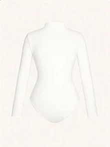 EMERY ROSE Women's Casual Solid Color Zipper Long Sleeve Bodysuit - White - View 2